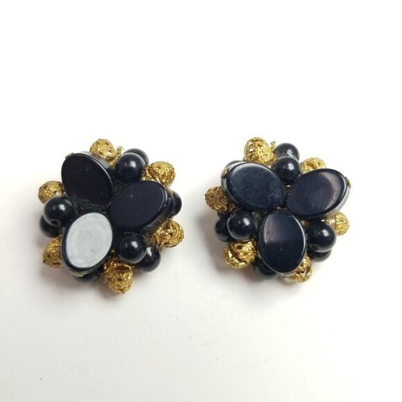 Vintage Retro Black Beaded Cluster Clip On Earrings, Retro Estate - Picture 5 of 6